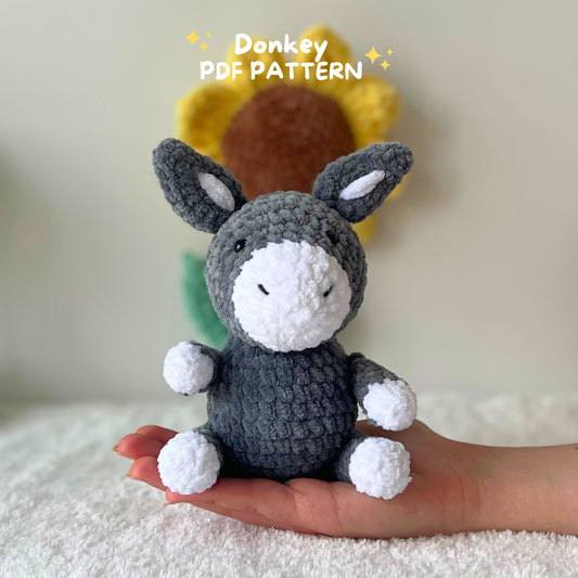 donkey plush pattern, donkey pattern, farm animals pattern, no sew crochet, plush pattern, beginner amigurumi