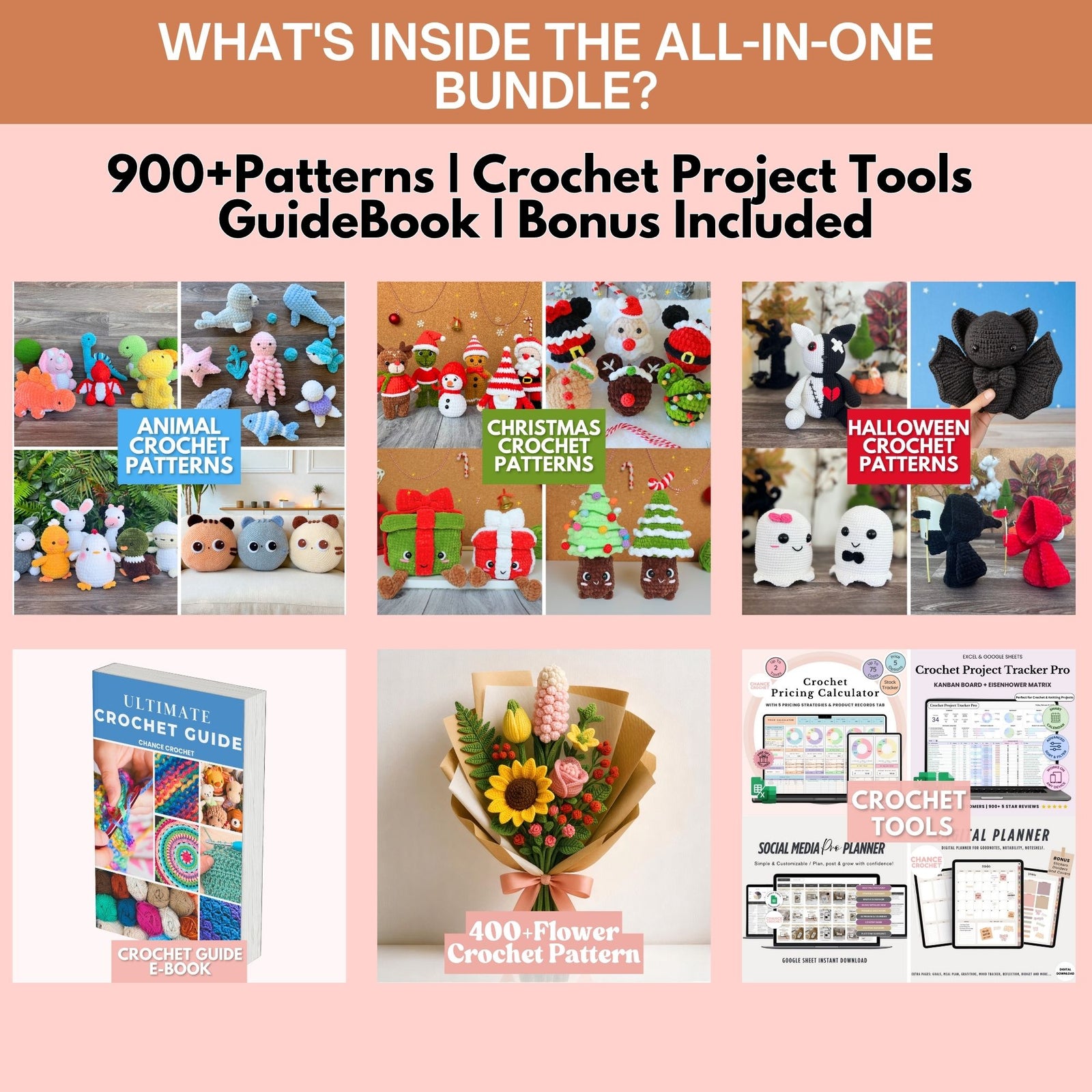 All-in-One Crochet Bundle, 900+ Crochet Patterns, Includes Crochet Project Tools & Crochet GuideBook