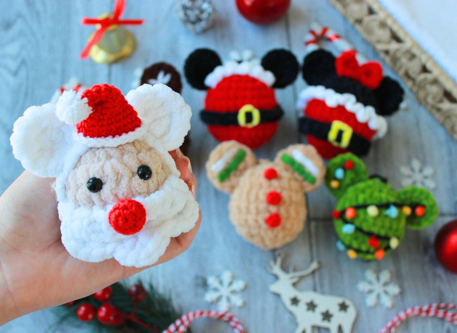 Christmas Mickey Ornaments, Crochet Christmas Pattern, Christmas Decorations, 6 in 1 Crochet Ornaments, PDF pattern