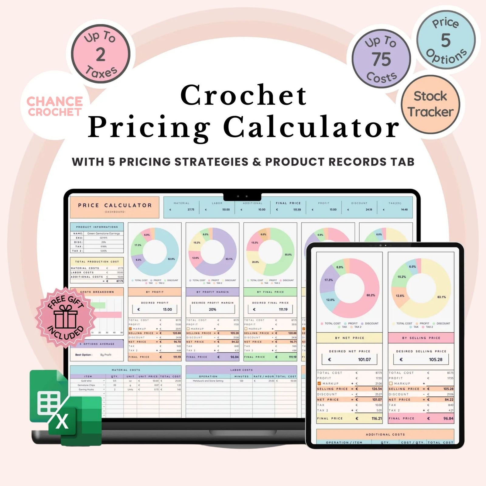 Calculateur de prix et de bénéfices pour les crocheters, calculatrice de prix du crochet, guide des prix, modèle de feuille de calcul de la liste des prix