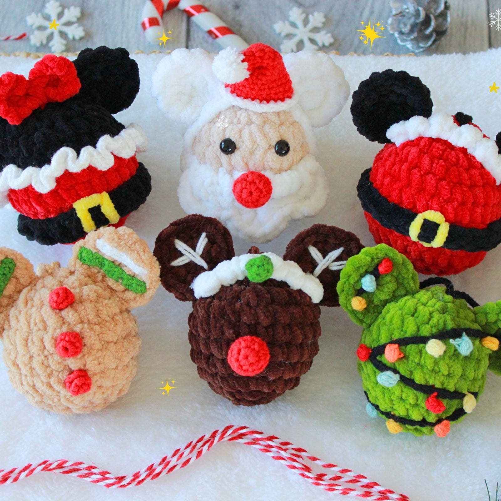 Christmas Mickey Ornaments, Crochet Christmas Pattern, Christmas Decorations, 6 in 1 Crochet Ornaments, PDF pattern