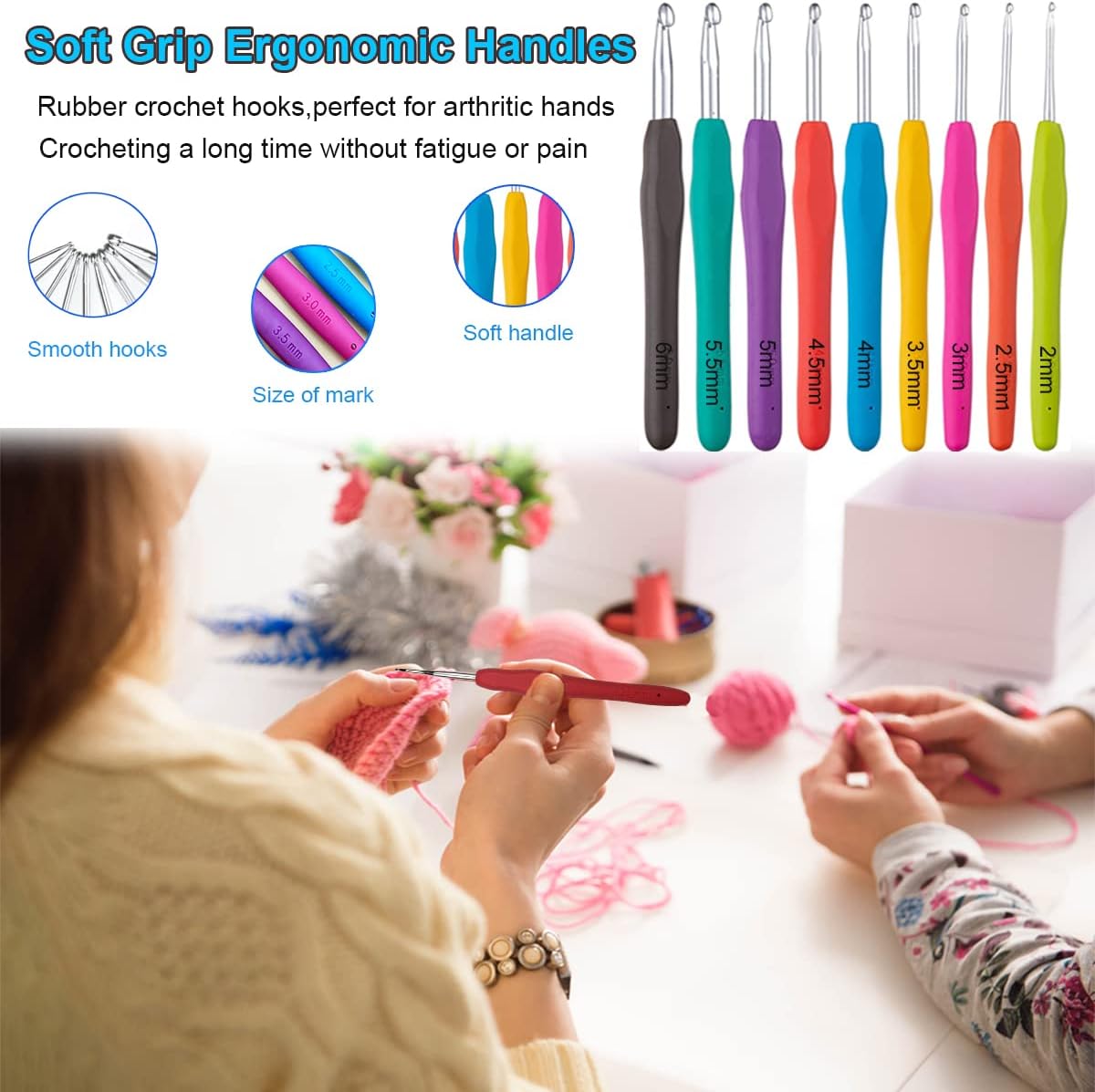 Crochet Hooks Kit with Case, Ergonomic Crochet Needles Weave Yarn Kits DIY Hand Knitting Art Tools for Beginners and Experienced Crochet Lovers